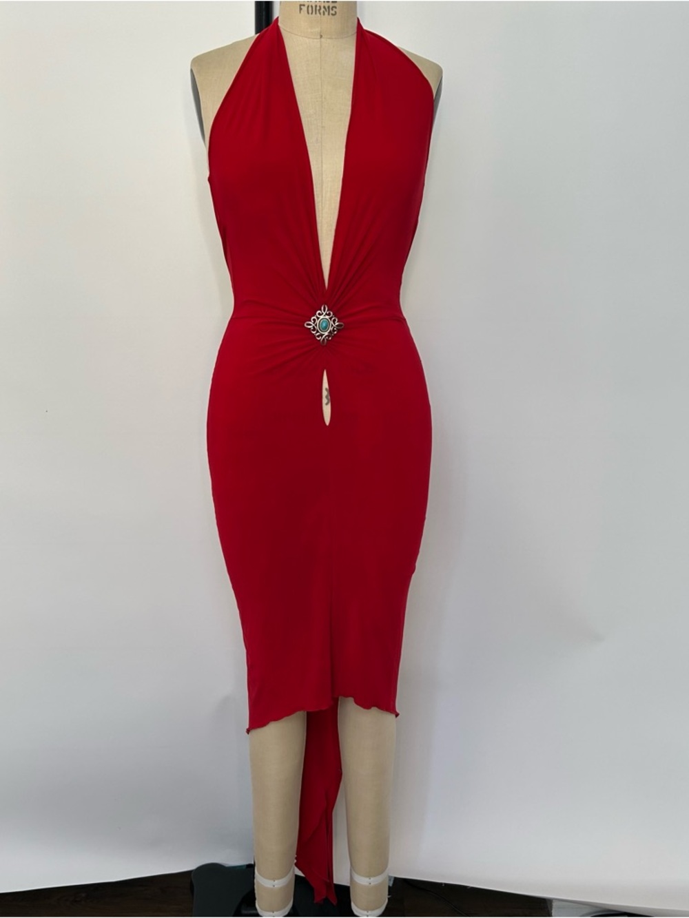 Red Halter Midi Dress with Decorative Brooch